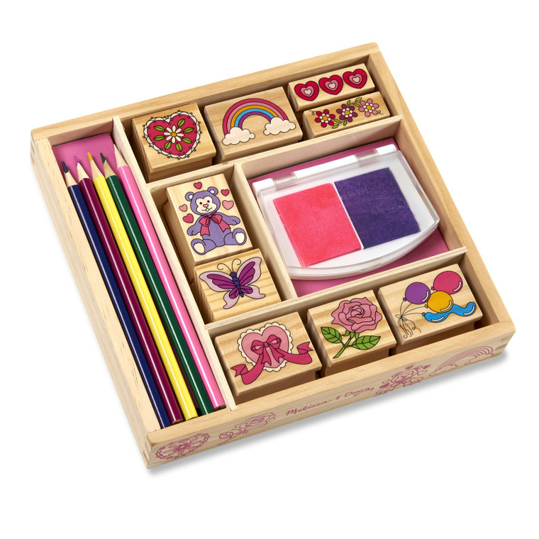 Melissa & Doug Friendship Stamp Set - overhead view of open wooden box showing 8 stamps, 5 pencils and 2-colour inkpad organised in compartments | Peekaboobaby