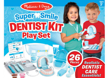 Melissa & Doug Super Smile Dentist Kit with children demonstrating 26-piece pretend dental care play set