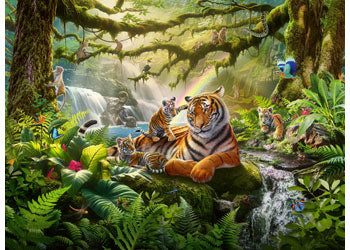 Ravensburger 300 piece jigsaw puzzle featuring tigers, waterfalls and lush jungle wildlife scene with vibrant greenery