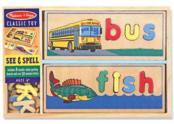 Melissa & Doug wooden See & Spell puzzle showing colourful letter tiles spelling 'bus' and 'fish' with matching pictures