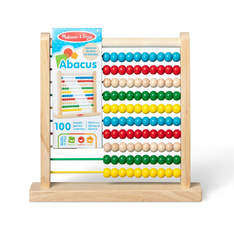 Melissa & Doug wooden abacus with 100 colourful beads in blue, red, natural, green and yellow rows on light wood frame