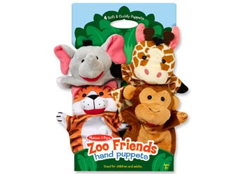 Melissa & Doug Zoo Friends hand puppets set featuring elephant, giraffe, tiger and monkey plush characters on packaging