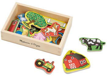 Melissa & Doug wooden farm magnets in storage box showing colourful barn, tractor, cow and animals pieces