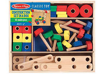 Melissa & Doug wooden construction set with colourful blocks, bolts, nuts and building pieces in storage box