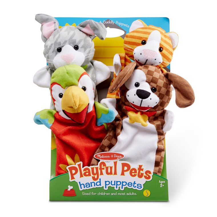 Melissa & Doug Playful Pets hand puppets set featuring four colourful plush animal characters in original packaging