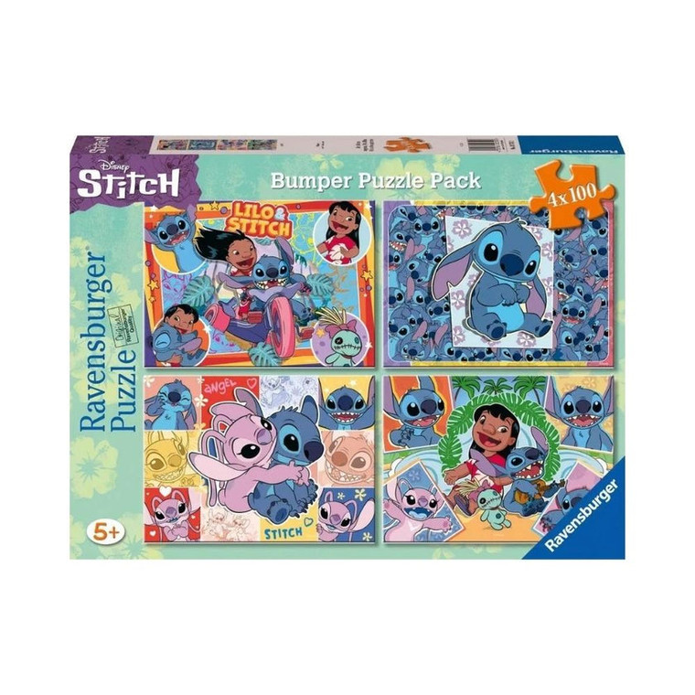 Ravensburger Disney Stitch Bumper Puzzle Pack box showing four 100-piece puzzles featuring Stitch, Lilo and Angel characters
