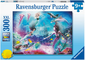 Ravensburger 300 piece XXL jigsaw puzzle featuring mermaids swimming underwater with dolphins in vibrant blue and pink