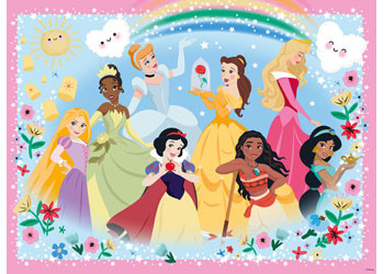 Ravensburger 100 piece Disney Princess jigsaw puzzle featuring eight princesses with rainbow, flowers and sparkles on pink