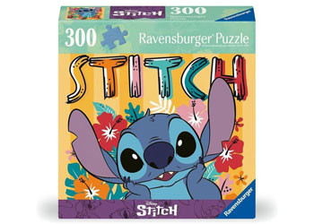 Ravensburger 300 piece jigsaw puzzle box featuring Disney's Stitch character with colourful floral background and raised arms