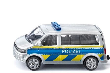 SIKU VW T5 German police van die-cast model toy with blue and yellow Polizei livery and roof lights