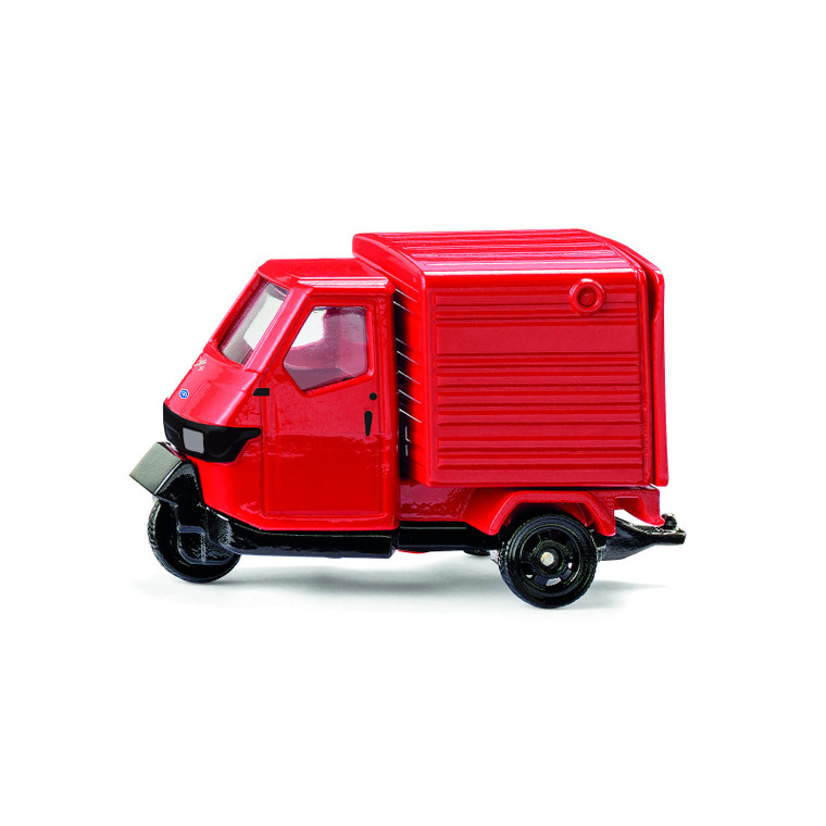 Red Siku Piaggio Ape three-wheeled delivery van die-cast toy model with enclosed cargo box on white background