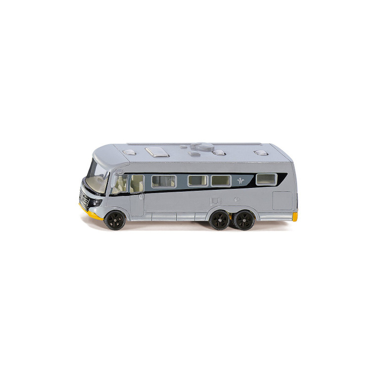 Siku silver motorhome toy model with black windows shown in side profile view on white background