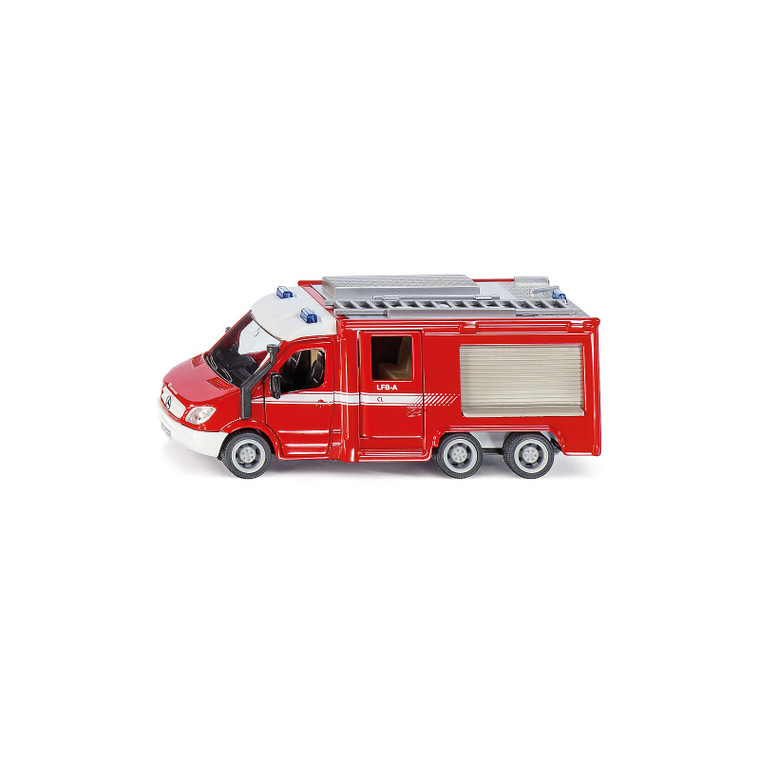 Siku red Mercedes-Benz Sprinter fire engine toy with ladder and silver roof, shown from side view on white background
