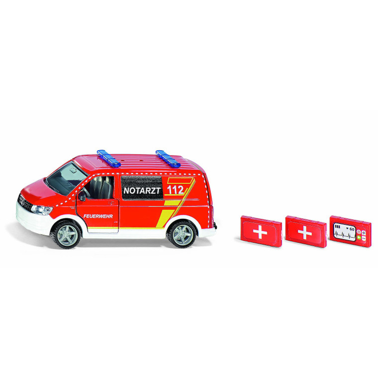 Siku red VW T6 emergency van toy with NOTARZT 112 livery, blue lights and three medical kit accessories on white background