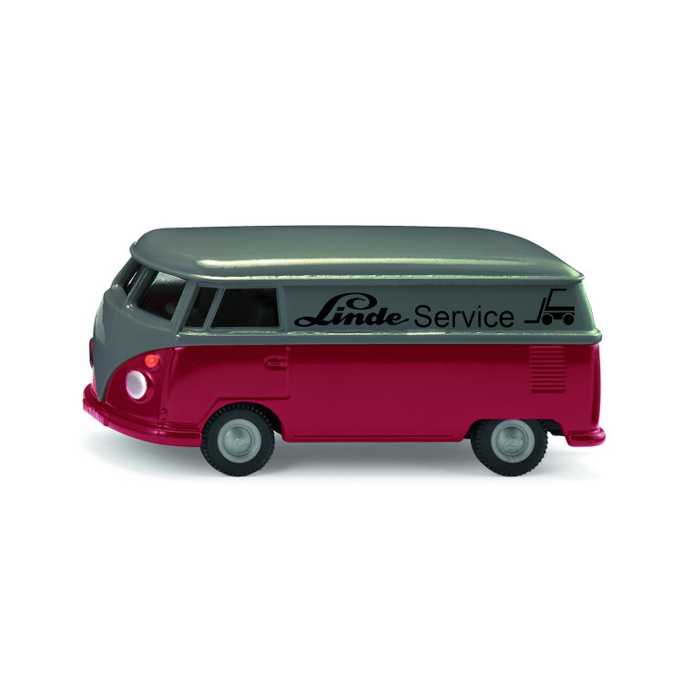 Siku VW T1 Transporter die-cast toy van in red and silver with Linde Service branding, side profile view on white background