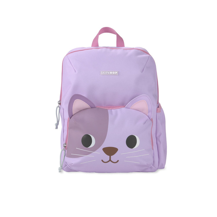 Skip Hop purple cat backpack with cute face design, pink trim and side pockets on white background
