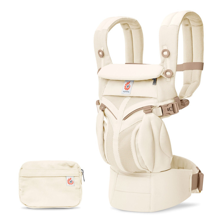 Ergobaby Omni Classic Mesh Baby Carrier Luminous Ivory - carrier with included storage pouch, full product view on white