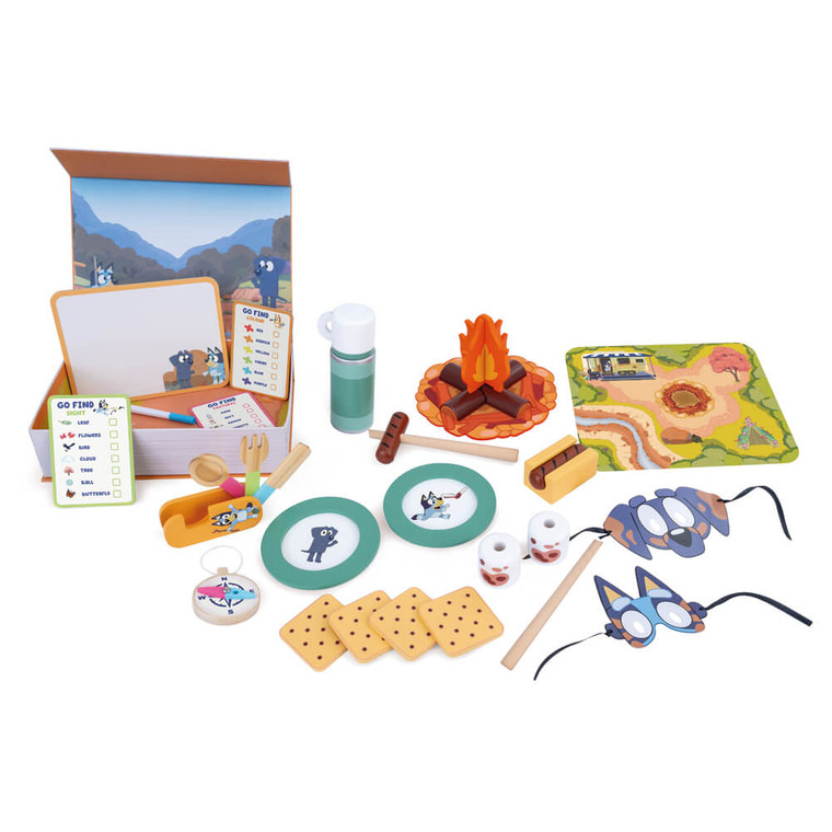 Bluey Camping Wooden Role-Play Accessory Set - wooden camping accessory set with tent, campfire and binoculars pieces | Peekaboobaby