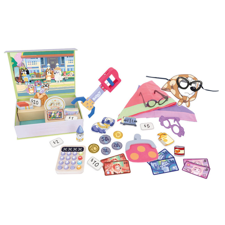 Bluey Granny Mobile Wooden Role-Play Accessory Set - wooden granny mobile accessory set with pink home, coins and shopping items | Peekaboobaby