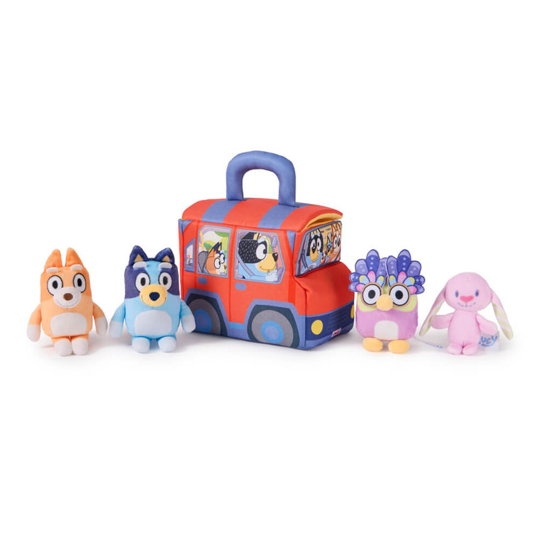 Bluey Sensory Soft Plush Playset - red fabric carry case with Bluey and family plush figures inside | Peekaboobaby
