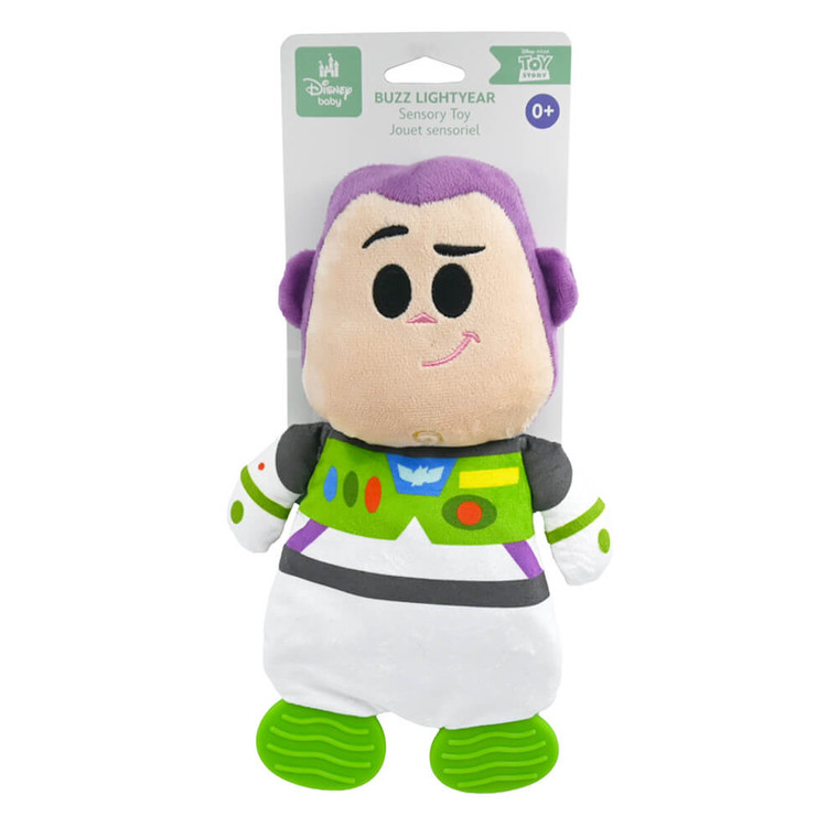 Toy Story Buzz Lightyear Sensory Blankie with Teether Feet - Disney Baby packaging showing Buzz with cream face, purple hair, green space suit with blue and yellow chest details and green textured teether feet | Peekaboobaby