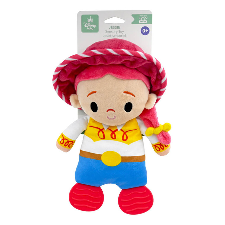 Toy Story Jessie Sensory Blankie with Teether Feet - Disney Baby packaging showing Jessie with pink and white braided cowboy hat, yellow shirt with red trim, blue pants, brown belt and bright red textured teether feet | Peekaboobaby