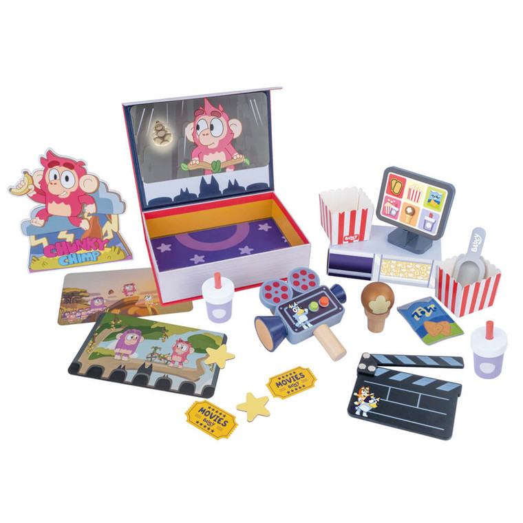 Bluey Movies Wooden Role-Play Accessory Set - 29 wooden pieces laid flat including pink monkey stand, cinema box, striped popcorn containers, yellow movie tickets, clapperboard, camera with red details and drink cups | Peekaboobaby