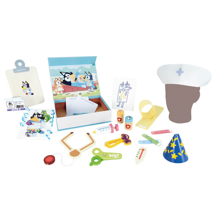 Bluey Hospital Wooden Role-Play Accessory Set - 22 wooden hospital accessories laid flat including Bluey clipboard, white storage box with blue lid, stethoscope, thermometer, scissors, measuring tape and medical tools | Peekaboobaby