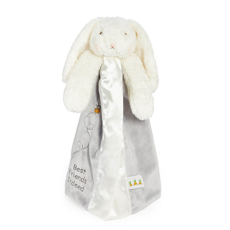Bunnies By The Bay Grey Buddy Blanket 40cm Lovey - front view showing soft grey velour blanket and cream bunny with embroidered details