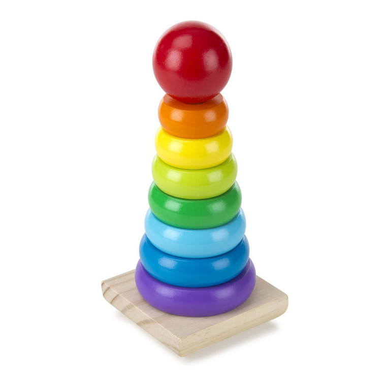 Melissa & Doug wooden rainbow stacker toy with 8 colourful rings and red ball on natural wood base against white background