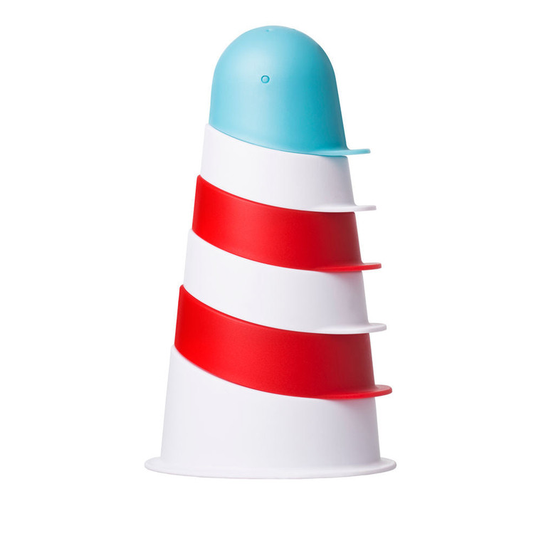 Ubbi Lighthouse stacking cups assembled as tower, turquoise top and red stripe bands