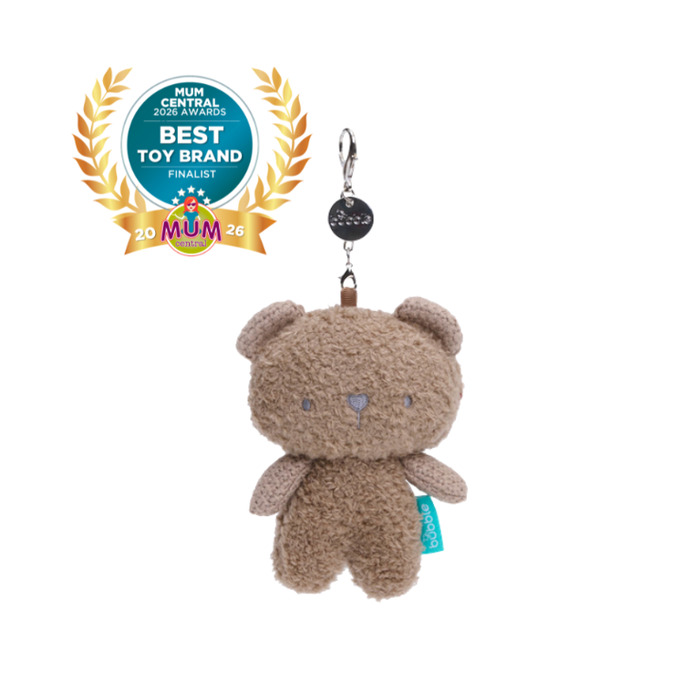 Bubble Mini Cuddly Keychain Beanie the Bear, beige plush bear with badge, front view