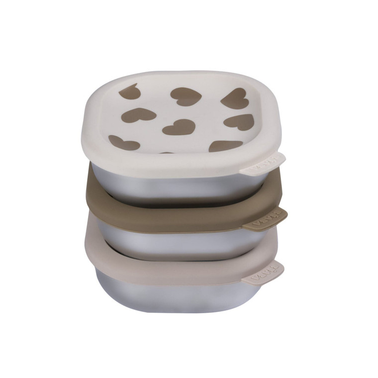 Beaba stainless steel meal box set, Big Love print, stacked with heart-cutout lid