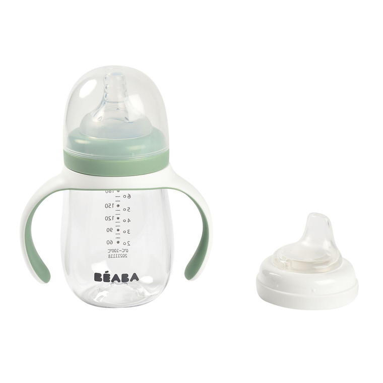 Beaba 2-in-1 bottle to sippy cup in sage green, with dome lid and spout
