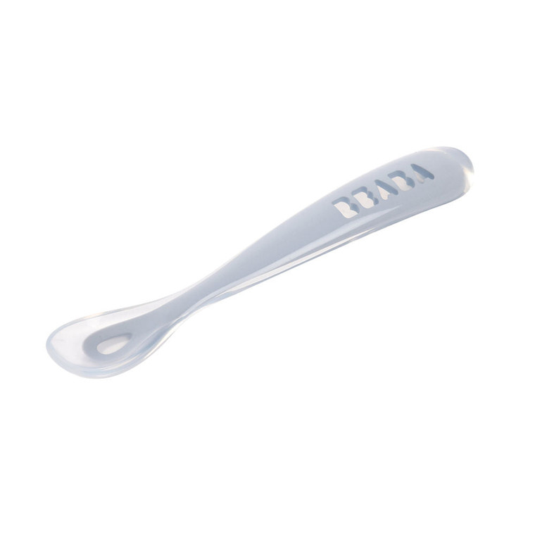 Beaba 1st stage silicone spoon in pebble, angled side view close-up