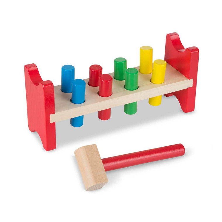 Melissa & Doug wooden peg pounding bench toy with coloured pegs and mallet on white background