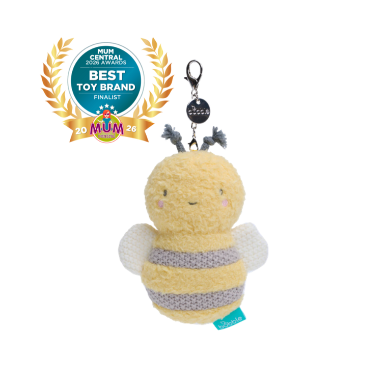 Bubble Mini Cuddly Keychain Bumble the Bee, yellow with purple stripe and white wings