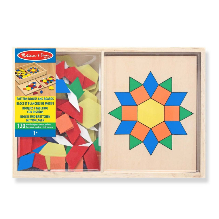 Melissa & Doug wooden pattern blocks set with colourful geometric shapes forming a star design on wooden board