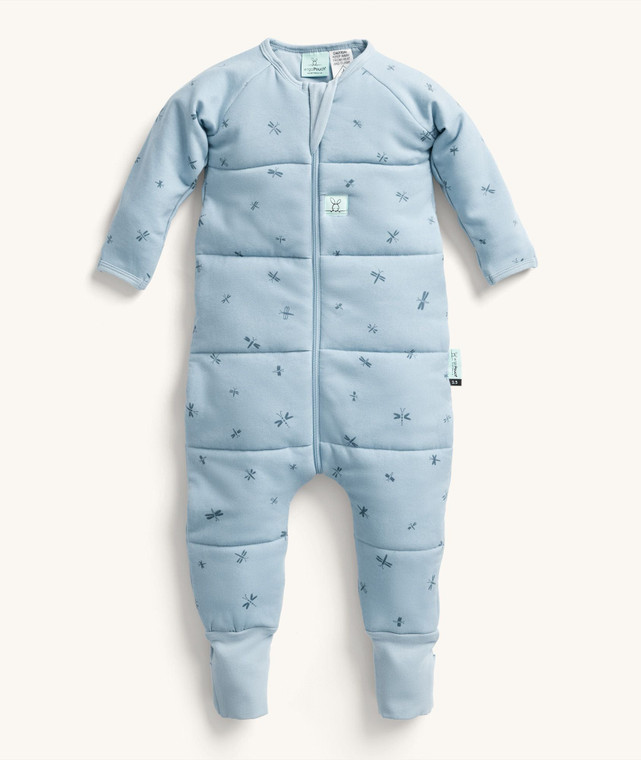 ergoPouch Organic Cotton Padded Sleep Onesie 2.5 tog in Dragonflies print, front flat lay showing pale blue fabric with scattered dragonfly motifs
