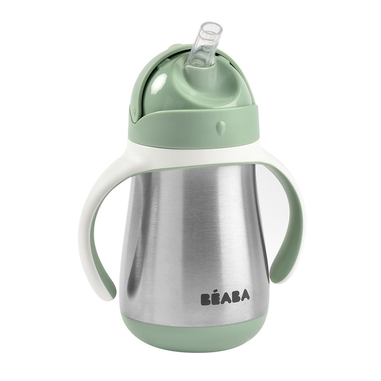 Sage green straw cup with clear straw visible through open dome lid, complete product display.