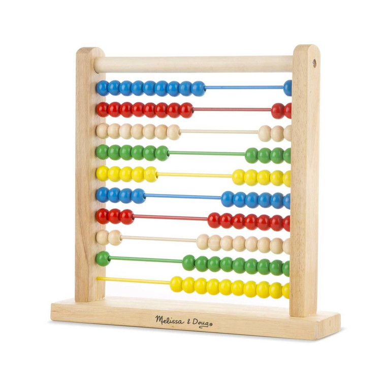 Melissa & Doug wooden abacus with 10 rows of colourful beads in blue, red, natural, green and yellow on wooden frame
