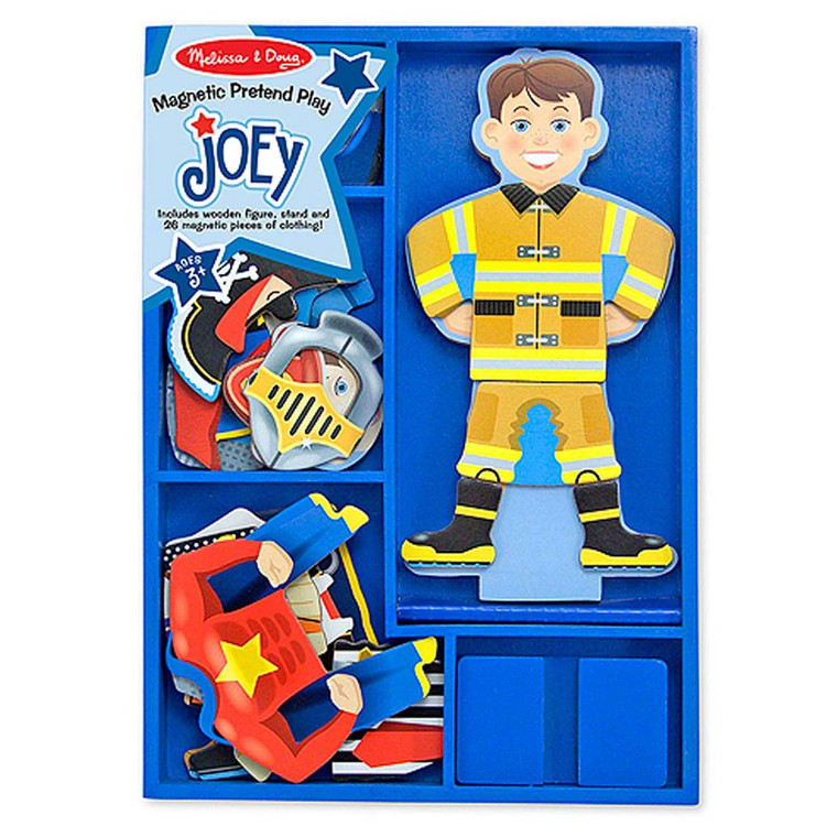 Melissa & Doug Joey magnetic dress-up set with wooden boy figure in firefighter outfit and clothing pieces in blue box