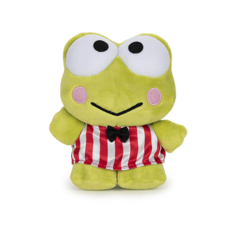 Keroppi small plush toy, 17cm, lime green frog character with red and white striped outfit