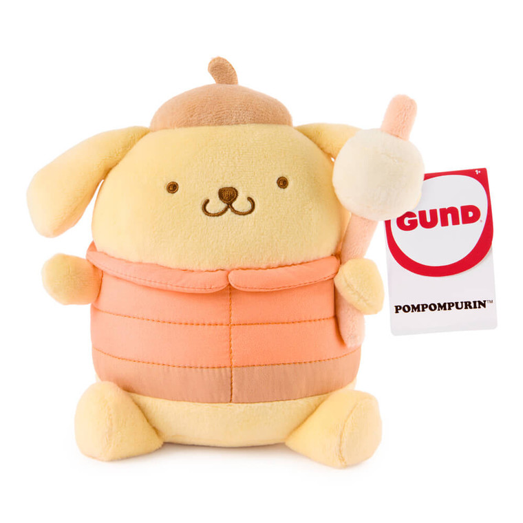 Pompompurin Camper small plush toy, cream and orange dog character wearing a puffy camper vest