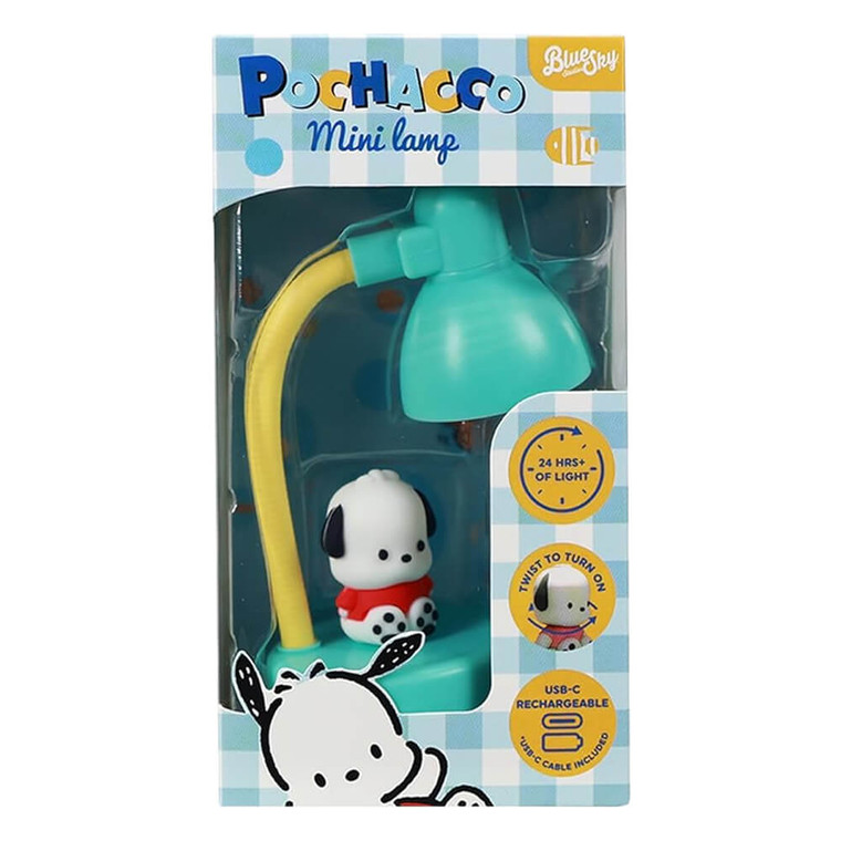 Pochacco USB-C rechargeable mini desk lamp, white and cream puppy character lamp with turquoise dome