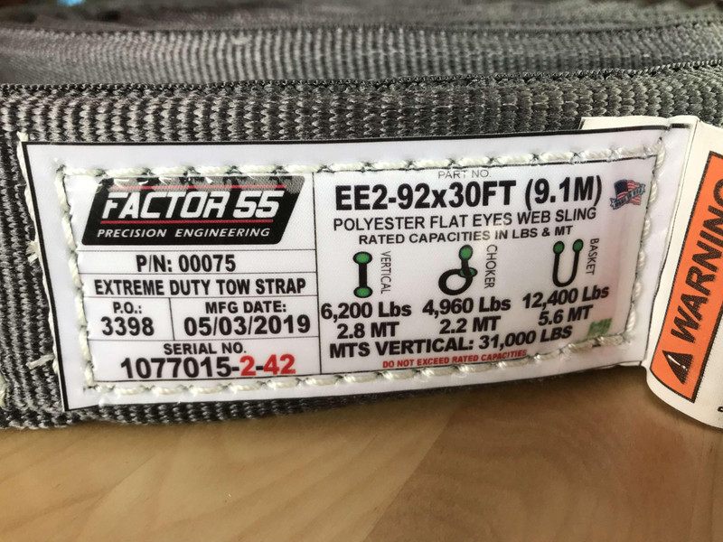 Factor 55 30 Foot Tow Strap Extreme Duty 30 Foot x 2 Inch Gray