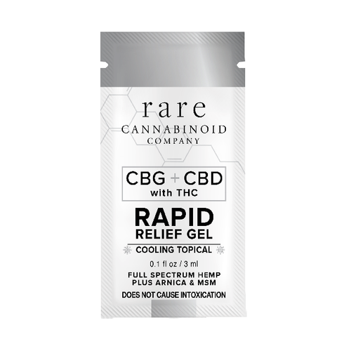 Rapid Relief Gel with CBG, CBD, THC, sample packet front from Rare Cannabinoid Company Rapid Relief Gel with CBG, CBD, THC, sample packet front from Rare Cannabinoid Company