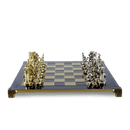 Greek Roman chess pieces blue metal chess board themed chess set side view