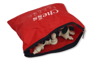Zip Up Chess Pieces Bag – Red open with pieces Zip Up Chess Pieces Bag – Red open with pieces