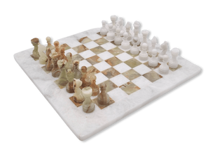 White Marble & Green Onyx Chess Set - diagonal view White Marble & Green Onyx Chess Set - diagonal view
